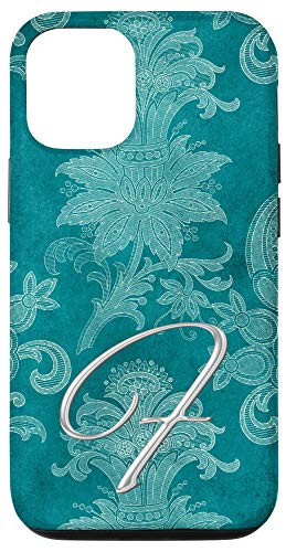 iPhone 12 12 Pro Teal floral Initial letter F monogram teal ornamental Case