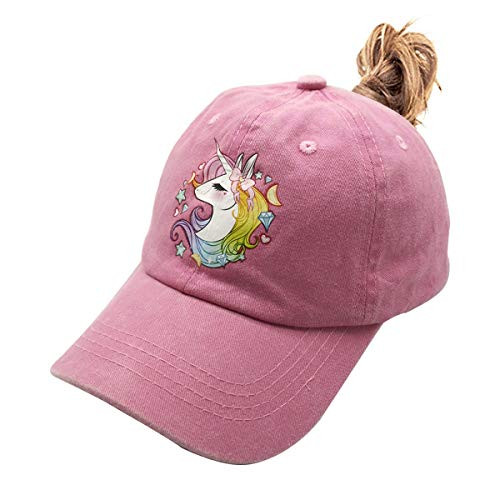 Waldeal Girls' Printing Cute Unicorn Ponytail Dad Hats Kids Adjustable Vintage Messy High Buns Baseball Cap Pink