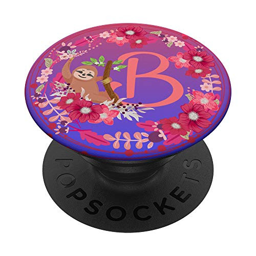 Cute Sloth With Flowers Letter B Initials Monogram PopSockets PopGrip  Swappable Grip for Phones  and  Tablets