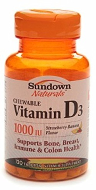 Sundown Naturals Vitamin D3 1000 IU Chewable Tablets Strawberry_Banana Flavor 120 Tablets _Pack of 2_