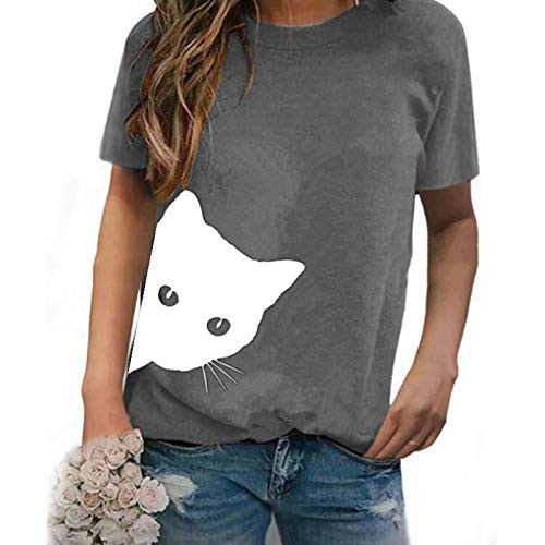 Hotkey Womens Short Sleeve Tops_ Fashion Cat Print Solid Color T Shirts Tops Comfy O_Neck T_Shirt Tee Tops Gray