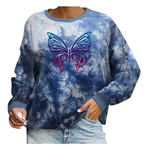 F_topbu Pullover Top for Women_ Long Sleeve O_Neck T_Shirt Tie_Dye Butterfly Printed Top Shirt Fashion Casual Sweatshirt Blue