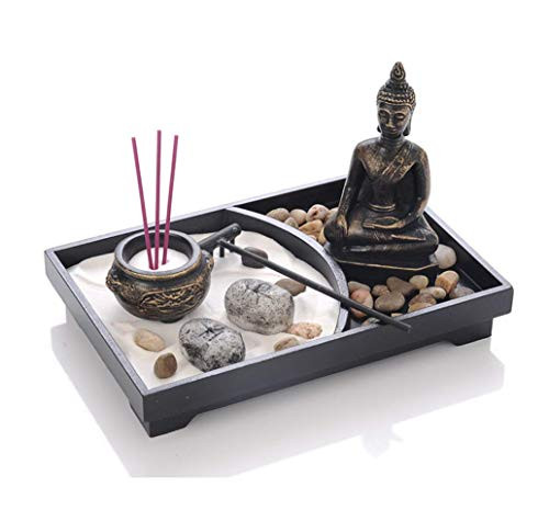 UgyDuky Tabletop Zen Garden with Buddha_ Rake_ Sand_ Rock Candle_ Rock Garden_ and Incense Holder ¨C Peace and Tranquility _ for Home Decor Gift_ Meditation_ Relax_9 inch x6 inch x7 inch _