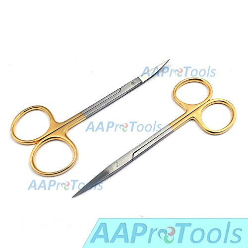 AAProTools Set of 2 O.R Grade Iris Scissors Straight and Curved Reusable Gold Plated Handle 4.5 inch