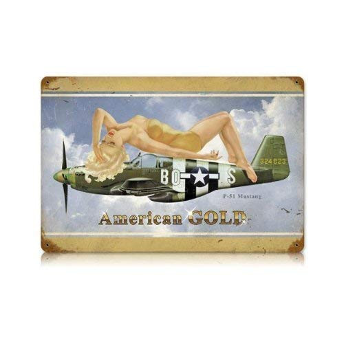 P_51 Mustang Pinup Girl American Gold Vintage Metal Sign TIN Sign 7.8X11.8 INCH