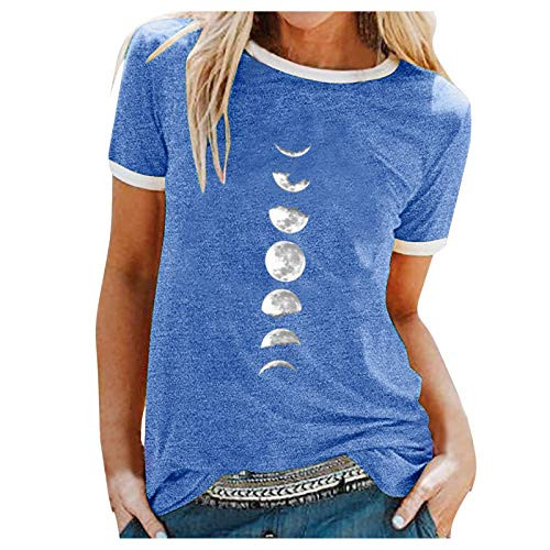 Hotkey Womens Short Sleeve Tops_ Moon Print T Shirts Tops Solid Color T_Shirt Blouse O_Neck Tee Top Shirts Tops Tunics Blue