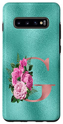 Galaxy S10 Plus  Teal floral Initial letter G monogram lilac flowers Case