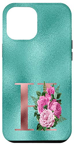 iPhone 12 Pro Max Teal floral Initial letter H monogram lilac flowers Case