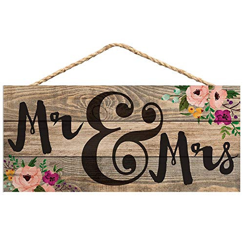 P. Graham Dunn Mr  and  Mrs Typography Floral Design 5 x 10 Wood Plank Design Hanging Sign