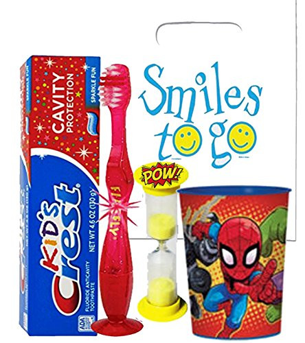 Marvel Super Hero Adventures 4pc Bright Smile Oral Hygiene Bundle. Light Up Toothbrush_ Toothpaste_ Brushing Timer  and  Mouthwash Rise Cup. Plus Dental Gift Bag  and  Remember to Brush Visual Aid