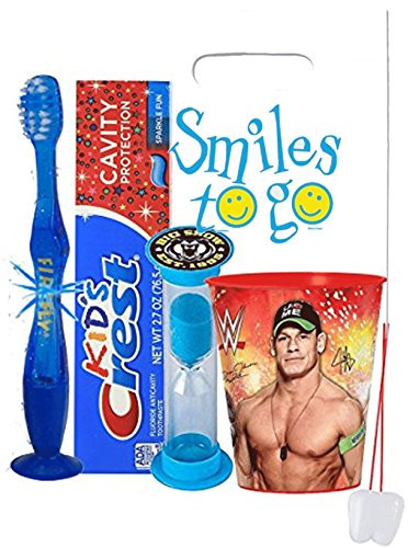 WWE World Wrestling Entertainment Boy's 4pc Bright Smile Oral Hygiene Bundle! Light Up Toothbrush_ Toothpaste_ Brushing Timer  and  Mouthwash Rise Cup! Plus Dental Gift  and  Remember to Brush Visual Aid!