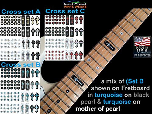 Cross Guitar Fret Markers _84 pc Set_ Pick from 3 Sets in Gloss or Satin Finish Vinyl Decals Stickers for Guitar Gibson Harmony Fender ESP Ibanez Jackson Fretboard Markers Inlay _Set B Satin Finish_