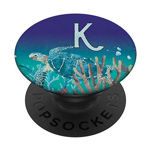 Teal Blue Green Gradient Turtle Monogram Initial Letter K PopSockets Grip and Stand for Phones and Tablets