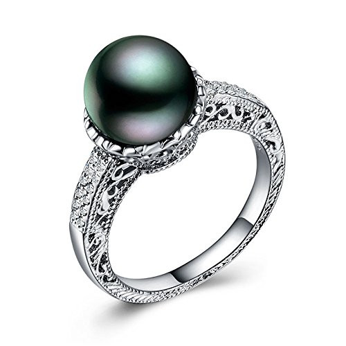konkanok shop925 Silver Filled Jewelry Round Cut Black Pearl Women Wedding Ring Size 6_10 _7_