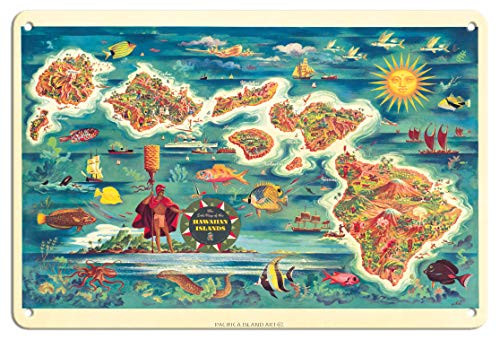 The Dole Map of The Hawaiian Islands _ from The Hawaiian Pineapple Company _ Vintage Colored Cartographic Map by Joseph Feher c.1950s _ 8in x 12in Vintage Metal Tin Sign