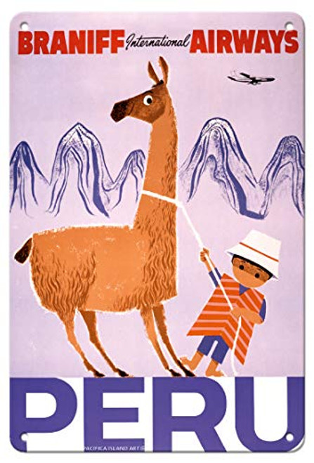 Pacifica Island Art Peru _ Braniff International Airways _ Native Boy with Llama _ Vintage Airline Travel Poster c.1950s _ 8in x 12in Vintage Metal Tin Sign Pacifica Island Art Peru _ Braniff International Airways _ Native Boy with Llama _ Vintage Airline Travel Poster c.1950s _ 8in x 12in Vintage Metal Tin Sign
