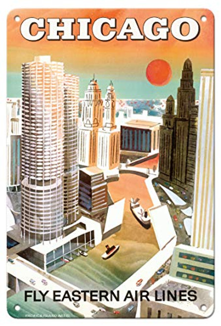 Pacifica Island Art Chicago_ USA _ Marina City_ Chicago River _ Fly Eastern Airlines _ Vintage Airline Travel Poster c.1960s _ 8in x 12in Vintage Metal Tin Sign Pacifica Island Art Chicago_ USA _ Marina City_ Chicago River _ Fly Eastern Airlines _ Vintage Airline Travel Poster c.1960s _ 8in x 12in Vintage Metal Tin Sign