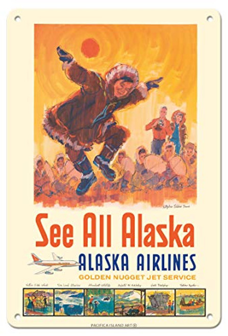 Pacifica Island Art See All Alaska _ Alaska Airlines _ Kotzebue Eskimo Dance _ Vintage Airline Travel Poster by Jess C. c.1960s _ 8in x 12in Vintage Metal Tin Sign Pacifica Island Art See All Alaska _ Alaska Airlines _ Kotzebue Eskimo Dance _ Vintage Airline Travel Poster by Jess C. c.1960s _ 8in x 12in Vintage Metal Tin Sign