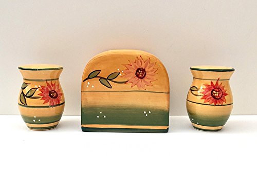 Tuscany Kitchen Yellow Country Sunflower, Hand Painted Ceramic Napkin Holder, Salt & Pepper shaker Set, 82928-1 by ACK