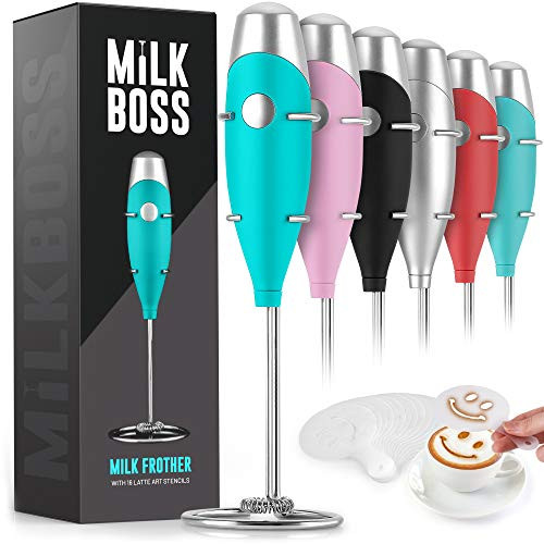 Milk Boss Mighty Milk Frother Handheld Whisk Mixer _ Coffee Frother Electric Handheld Foam Maker  and  Frother For Coffee _ Portable Electric Whisk With 16_Piece Stencils For Lattes_ Matcha  and  More _Teal_