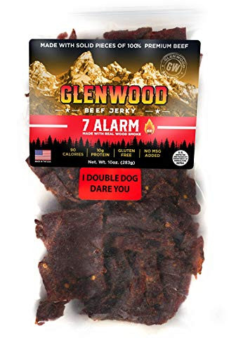 Glenwood Jerky 7 ALARM_ Made With Real Smoked Wood_ 10oz Bag Beef Jerky Really Hot Jerky Bulk Scorpion Pepper_ Ghost Pepper_ Carolina Reaper_ and Habanero I DARE YOU JERKY _7 ALARM_