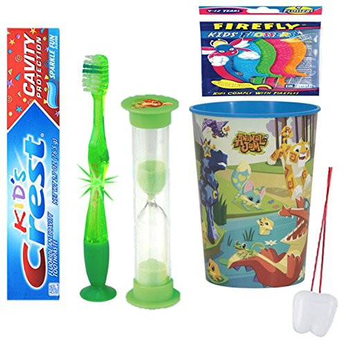 Animal Jam Inspired 4pcs Bright Smile Oral Care Set! Toothpaste_ Flashing Light Toothbrush_ Brushing Timer  and  Mouthwash Rinse Cup! Plus Flosser  and  Tooth Necklace as Visual Aid Reminder!
