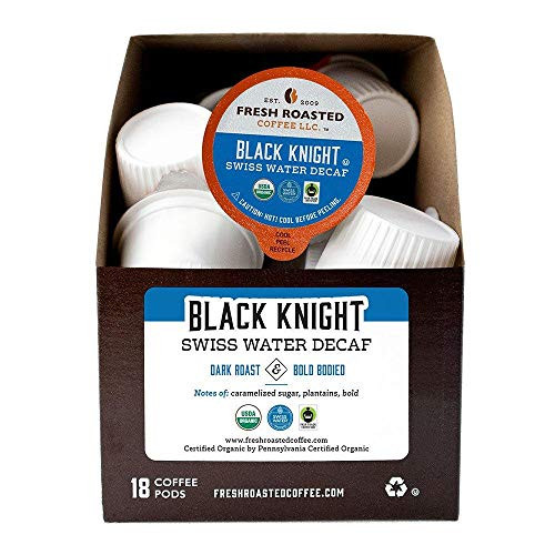 Fresh Roasted Coffee LLC_ Organic Black Knight Swiss Water Decaf Coffee Pods_ _ Artisan Blend_ Dark Roast_ 18 Count Fresh Roasted Coffee LLC_ Organic Black Knight Swiss Water Decaf Coffee Pods_ _ Artisan Blend_ Dark Roast_ 18 Count