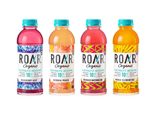 Roar Organic Electrolyte Infusions _ 4_Flavor Variety Pack _ with Antioxidants_ B Vitamins_ Low_Sugar_ Coconut Water Infused Beverage 18 Fl Oz with Oasis Snacks Sticker _4 Flavor Variety_ Pack of 4_