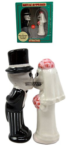 Atlantic Collectibles Day Of The Dead Salt  and  Pepper Shakers Skeleton Couple Bride  and  Groom Ceramic Magnetic Figurine Set 4.75 inch H