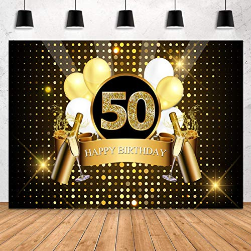 Sensfun Happy 50th Birthday Backdrop Black and Gold Photography Background Glitter Adult Men Fifty Years Old Age Birthday Party Decorations Supplies Photo Banner Photobooth Props 7x5ft