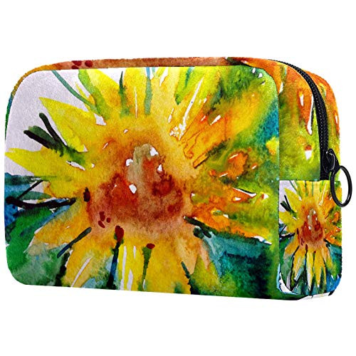Printed Canvas Cosmetic Bag_ Multi_Function Travel Cosmetic Bag Coin Purse Holder Bags Pencil Packet Large_Capacity Toiletry Bags_B Sunflower
