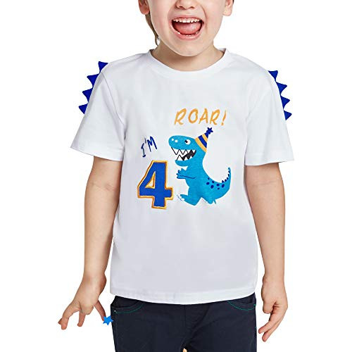 AMZTM Dinosaur 4th Birthday T_Shirt Boy Dino Themed B_Day Party 4 Year Old Toddler Youth Top Tee T_Rex Printed Embroidery Graphic T Shirt White 100 Percent  Cotton Short Sleeve