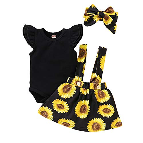 Baby Girls Sunflower Outfit Ruffle Sleeve Romper Tops Plus Suspender Skirt Plus Headband 3PCS Clothing Set _Black_ 0_3 Months_