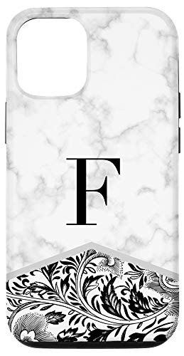 iPhone 12 12 Pro Initial Letter F Monogram Black White Classy Floral Phone Case