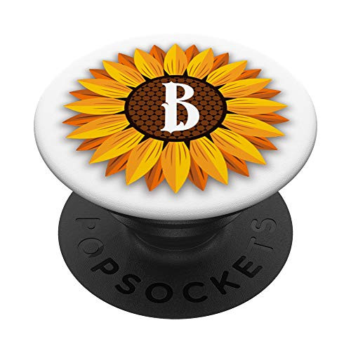 Yellow Sunflower Letter B Initial Girasol White PopSockets Grip and Stand for Phones and Tablets