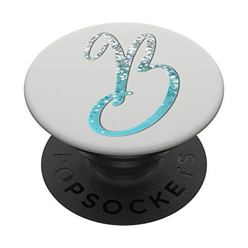 Silver Light Blue Initial Letter B On Silver White PopSockets PopGrip  Swappable Grip for Phones  and  Tablets