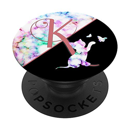 Pink Monogram Letter K Initial Rainbow Cat PopSockets PopGrip  Swappable Grip for Phones  and  Tablets