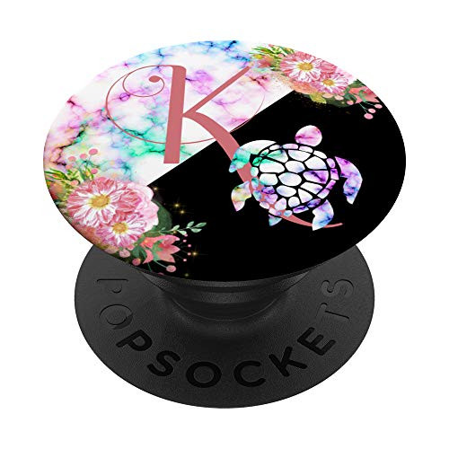 Pink Monogram Letter K Initial Rainbow Sea Turtle PopSockets PopGrip  Swappable Grip for Phones  and  Tablets