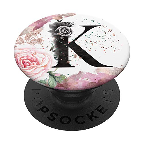 Black Letter K Initial Pink Rose Flower Monogram PopSockets PopGrip  Swappable Grip for Phones  and  Tablets