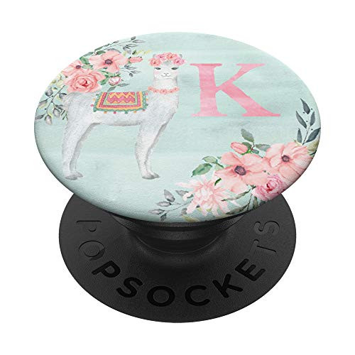 Llama Alpaca Mint Watercolor Monogram Name Initial Letter K PopSockets Grip and Stand for Phones and Tablets