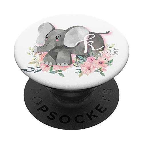Cute Elephant Pink Flowers Monogram Name Initial Letter K PopSockets Grip and Stand for Phones and Tablets