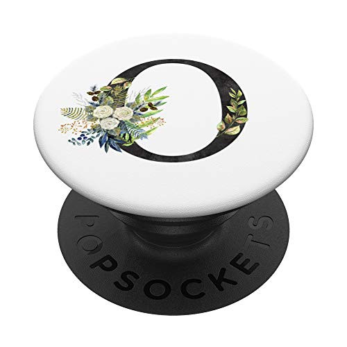 Initial O Letter Floral Monogram Black on White _ O PopSockets Grip and Stand for Phones and Tablets