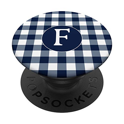 Letter F Initial Navy Blue  and  White Gingham Buffalo Plaid PopSockets PopGrip  Swappable Grip for Phones  and  Tablets