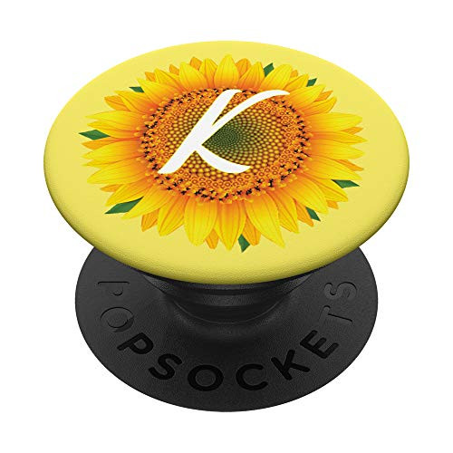 Cute Yellow Sunflower Monogram Letter Initial Flower White K PopSockets Grip and Stand for Phones and Tablets