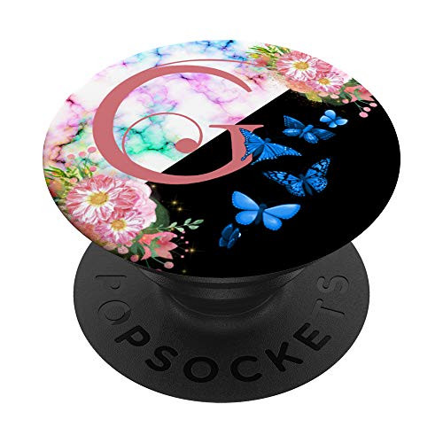 Rose Pink Letter G Initial Floral Butterfly Rainbow Monogram PopSockets PopGrip  Swappable Grip for Phones  and  Tablets