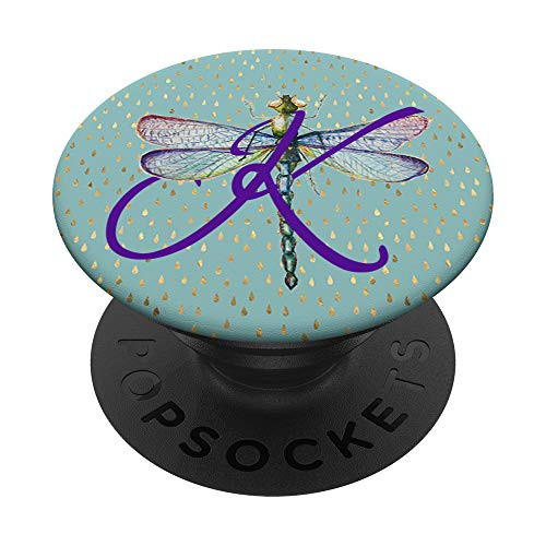 Alphabet Letter Purple K Initial with Dragonfly on Blue PopSockets Grip and Stand for Phones and Tablets