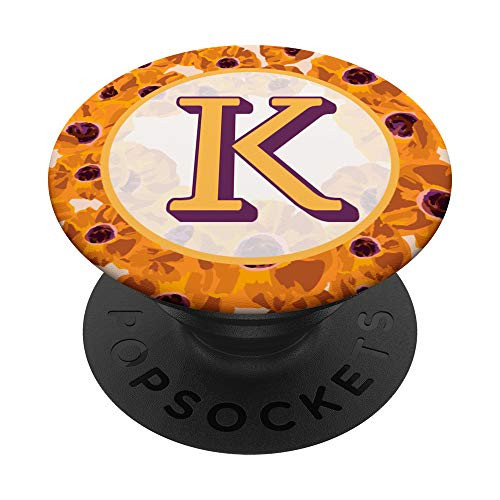 Letter K Initial Monogram Floral Poppy Orange Pattern PopSockets Grip and Stand for Phones and Tablets