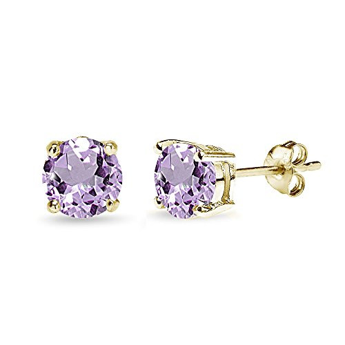 Yellow Gold Flashed Sterling Silver Amethyst 7mm Round_Cut Solitaire Stud Earrings