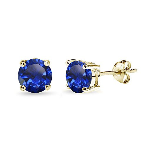 Yellow Gold Flashed Sterling Silver Created Blue Sapphire 7mm Round_Cut Solitaire Stud Earrings