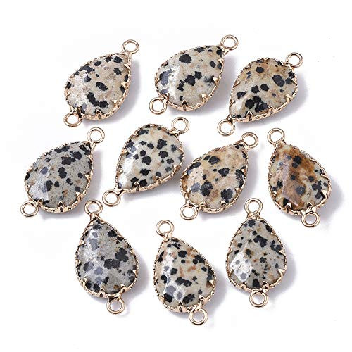Fashewelry 10Pcs Natural Dalmatian Jasper Stone Pendant Links Healing Chakra Crystal Drop Gemstone Connector Charms with Golden Edge Double Loops 27x14mm for Jewelry Bracelet Craft Making